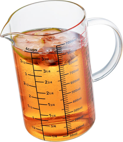Glass Measuring Cup-[Insulated handle | V-Shaped Spout]-Made of High Borosilicate Glass Measuring Cup for Kitchen or Restaurant, Easy to Read, 1000 ML (32 Oz, 4 Cup)