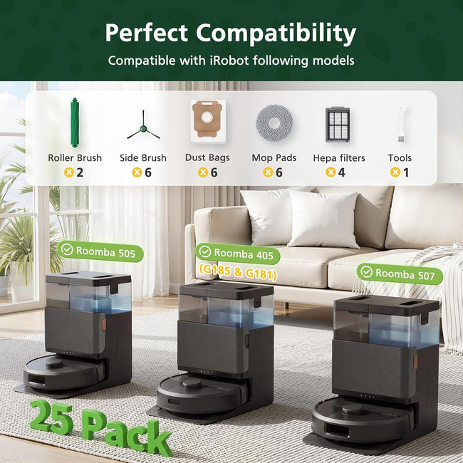 25 Pcs Replacement Parts Kit for iRobot Roomba Plus 405/505 / 507 Combo Robot Vacuum, Accessories Include 2 Main Brush, 6 Vacuum Bags, 4 Hepa Filters, 6 Mop Pads, 6 Side Brushes, 1 Cleaning Brush Main Image