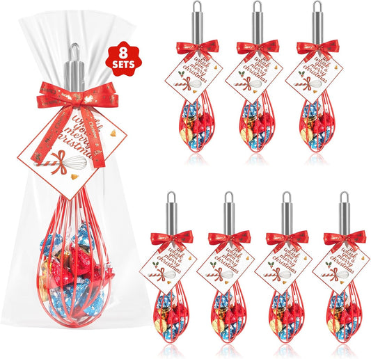 Christmas Whisk Gifts for Neighbors – 8 Sets 8“ Red Silicone Whisks with “We Whisk You a Merry Christmas” Cards, Gift Bags & Ribbons, Fun DIY Stocking Stuffers for Family, Friends, Teachers