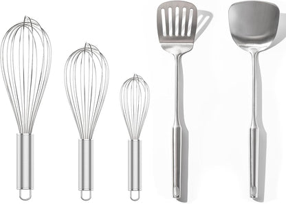 304 Stainless Steel Whisk Set & Wok Spatula, 3 Pack Whisks and Stainless Steel Spatula for Kitchen Cooking, Blending, Beating, Stirring