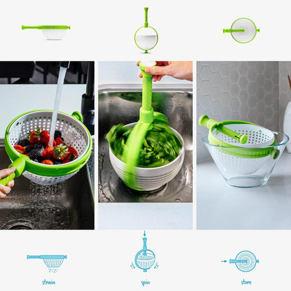 Spina 2-In-1 Easy-To-Use, Collapsible Salad Spinner & Straining Colander for Salad, Fruit, Vegetable, Lettuce - White/Green