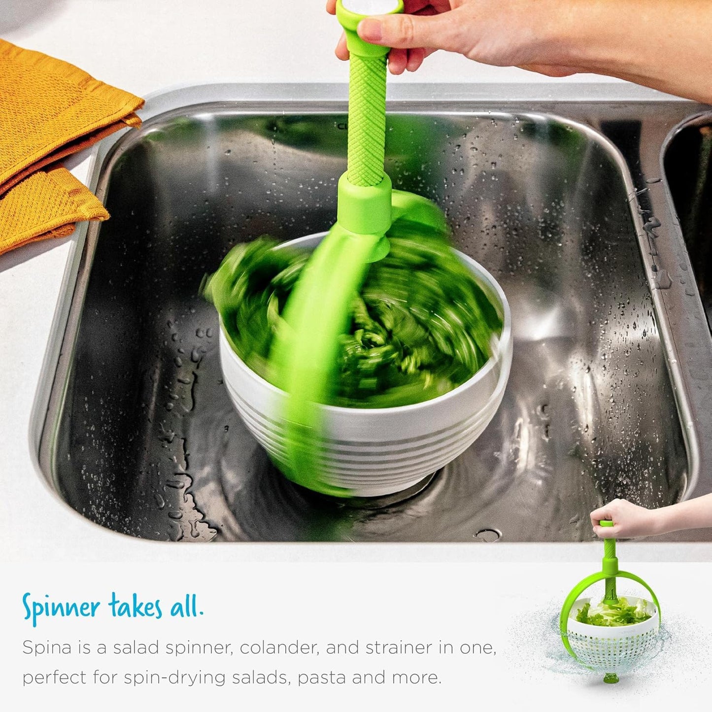 Spina 2-In-1 Easy-To-Use, Collapsible Salad Spinner & Straining Colander for Salad, Fruit, Vegetable, Lettuce - White/Green