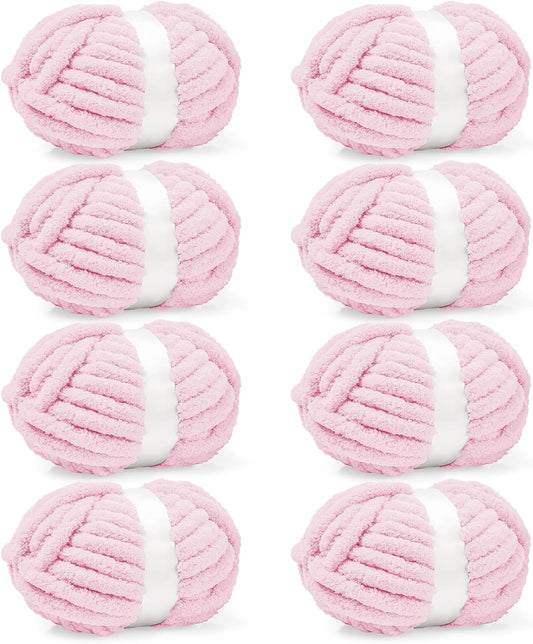 8 Pack Chunky Chenille Yarn for Crocheting– 30.6 Yards, 7.7oz, Super Bulky, Soft Fluffy Plush Yarn for Hand or Arm Knitting– Ideal for Blankets, Crafts & DIY Projects (Light Pink)