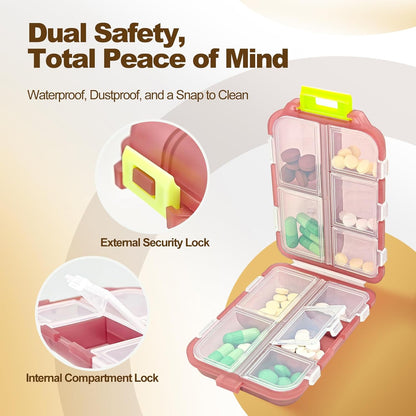 3Pcs Pill Organizer with Medicine Labels, 10 Compartments Travel Pill Box with Removable Labels, Portable Foldable Supplement Box Holder for Fish Oil Vitamin
