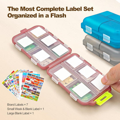 3Pcs Pill Organizer with Medicine Labels, 10 Compartments Travel Pill Box with Removable Labels, Portable Foldable Supplement Box Holder for Fish Oil Vitamin