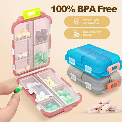 3Pcs Pill Organizer with Medicine Labels, 10 Compartments Travel Pill Box with Removable Labels, Portable Foldable Supplement Box Holder for Fish Oil Vitamin