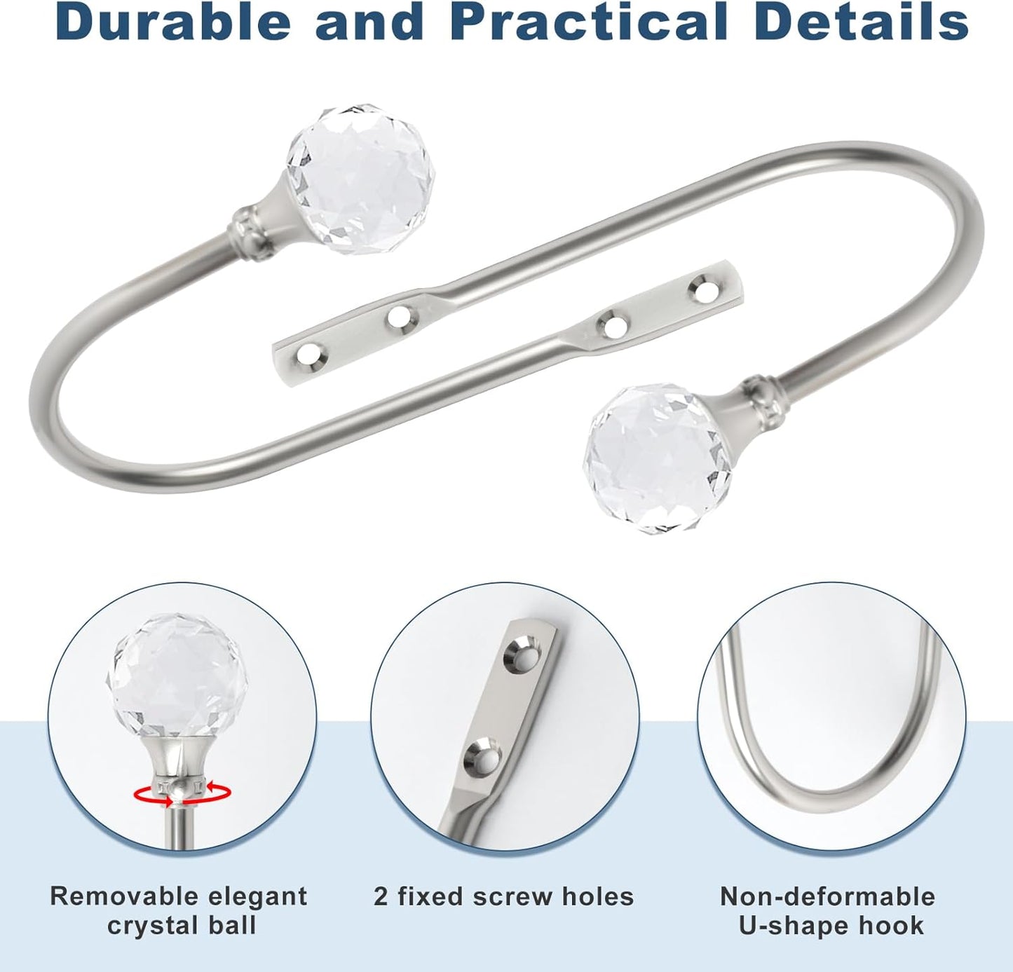 Curtain Holdbacks Silver Wall Mounted Curtain Holders Window Drapery Tiebacks with Clear Crystal Ball Quality Metal Curtain Tiebacks Curtain Hooks with Screws for Drapes, 4 Pcs