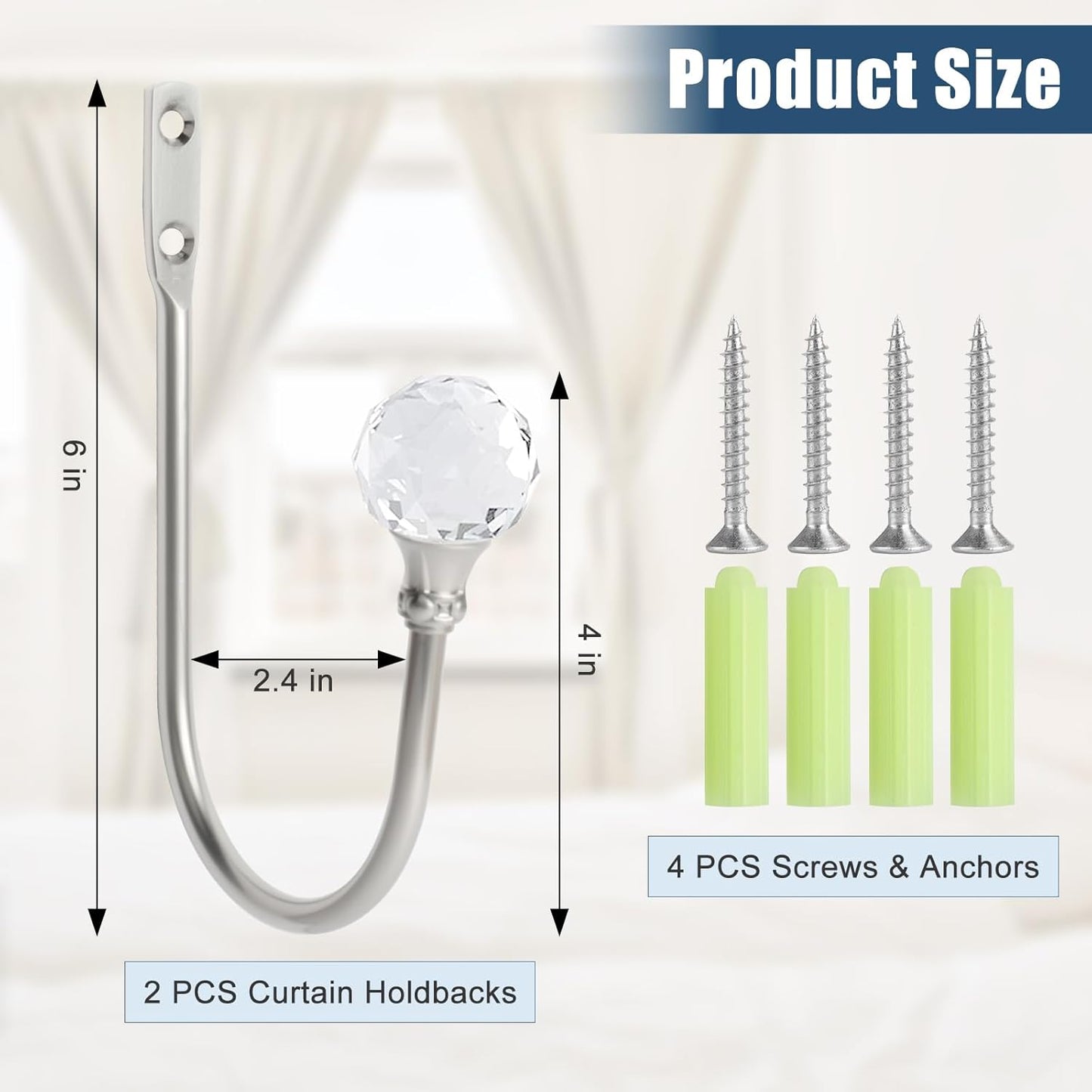 Curtain Holdbacks Silver Wall Mounted Curtain Holders Window Drapery Tiebacks with Clear Crystal Ball Quality Metal Curtain Tiebacks Curtain Hooks with Screws for Drapes, 4 Pcs