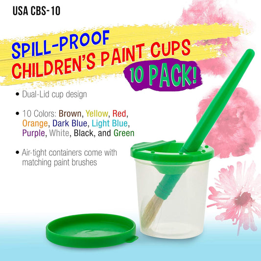 10 Piece Children's No Spill Paint Cups with Colored Lids and 10 Piece Large Round Brush Set with Plastic Handles