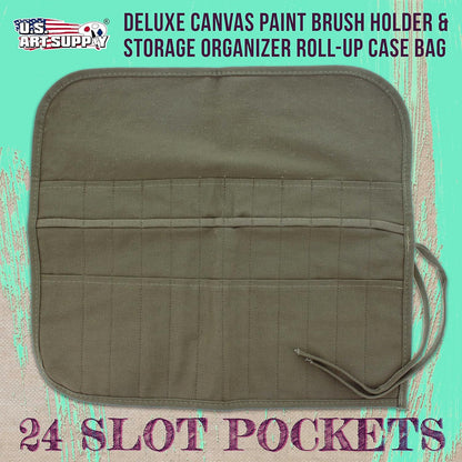 Deluxe Canvas Art Paint Brush Holder & Storage Organizer Roll-Up Case Bag - 24 Slot Pockets Carry Pouch - Protect Artist Acrylic Oil Watercolor Paintbrushes - Store Pencils, Pens Tools