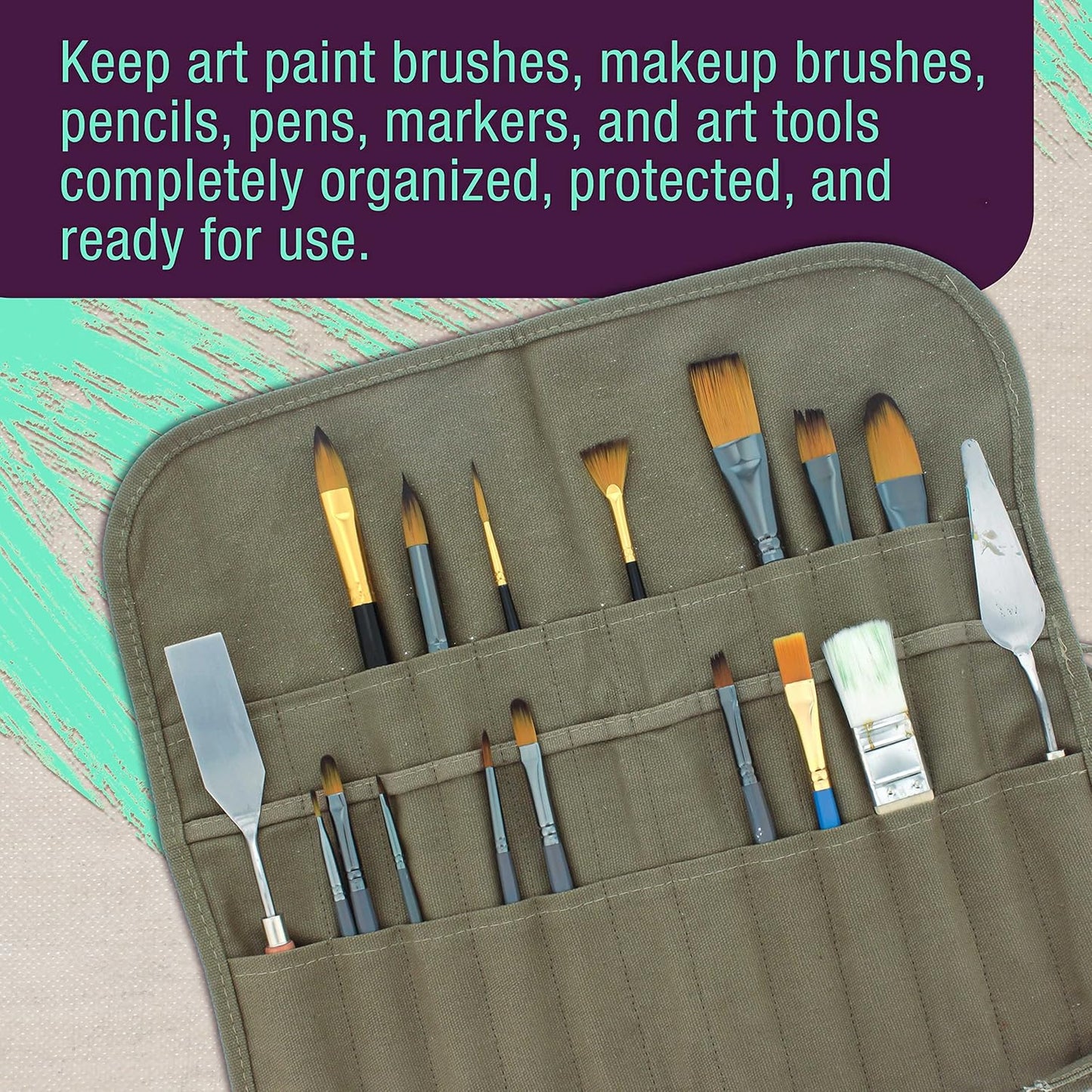 Deluxe Canvas Art Paint Brush Holder & Storage Organizer Roll-Up Case Bag - 24 Slot Pockets Carry Pouch - Protect Artist Acrylic Oil Watercolor Paintbrushes - Store Pencils, Pens Tools