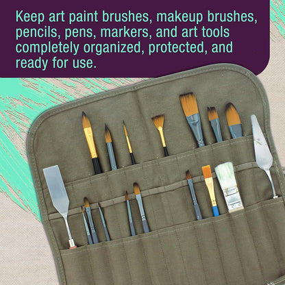 Deluxe Canvas Art Paint Brush Holder & Storage Organizer Roll-Up Case Bag - 24 Slot Pockets Carry Pouch - Protect Artist Acrylic Oil Watercolor Paintbrushes - Store Pencils, Pens Tools