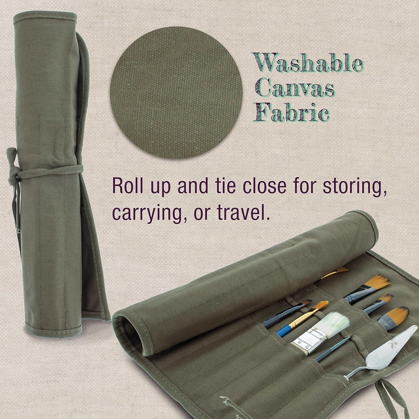 Deluxe Canvas Art Paint Brush Holder & Storage Organizer Roll-Up Case Bag - 24 Slot Pockets Carry Pouch - Protect Artist Acrylic Oil Watercolor Paintbrushes - Store Pencils, Pens Tools