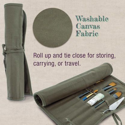 Deluxe Canvas Art Paint Brush Holder & Storage Organizer Roll-Up Case Bag - 24 Slot Pockets Carry Pouch - Protect Artist Acrylic Oil Watercolor Paintbrushes - Store Pencils, Pens Tools