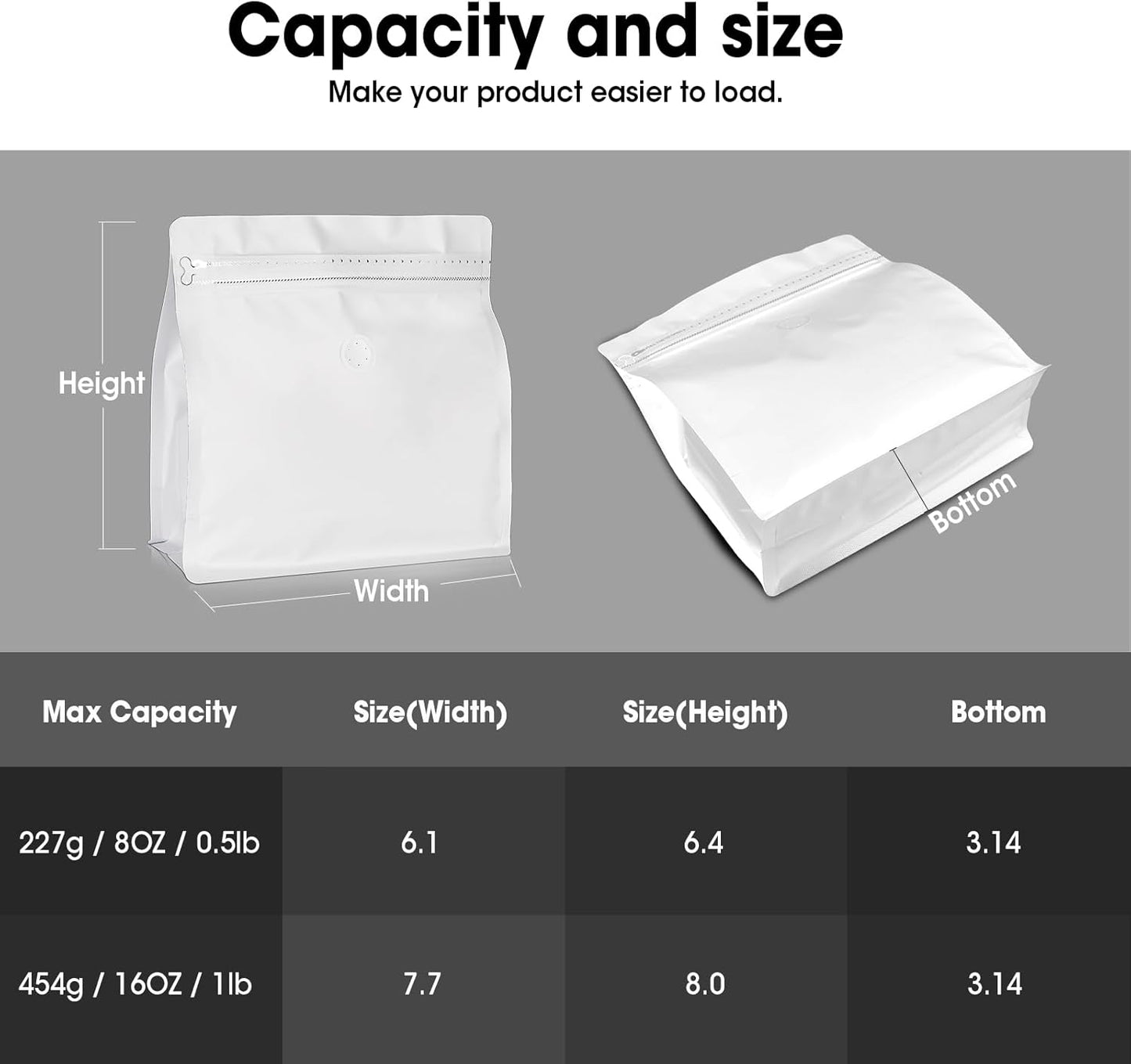 50 Count 8oz Coffee Bags with Valve,1/2 lb Vented Coffee Beans Packaging Bags High Barrier Aluminumed Foil Flat Bottom Heat Sealed Side Zipper Resealable Storage Bag for Home or Business（White）