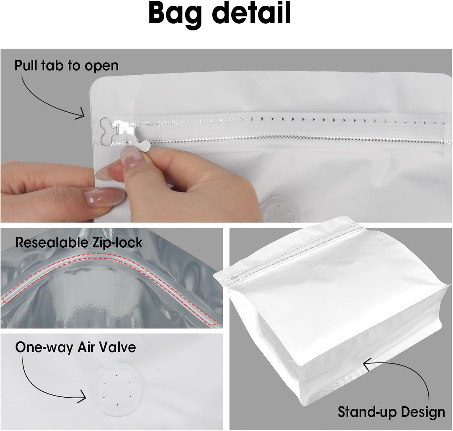50 Count 8oz Coffee Bags with Valve,1/2 lb Vented Coffee Beans Packaging Bags High Barrier Aluminumed Foil Flat Bottom Heat Sealed Side Zipper Resealable Storage Bag for Home or Business（White）