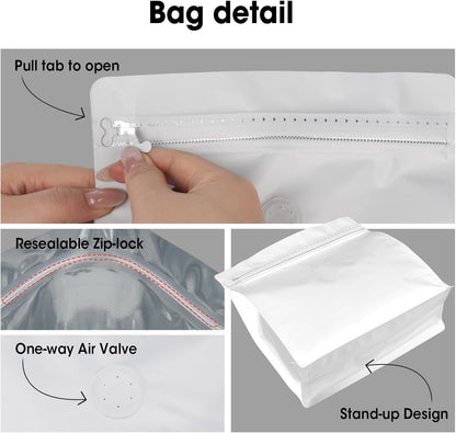 50 Count 8oz Coffee Bags with Valve,1/2 lb Vented Coffee Beans Packaging Bags High Barrier Aluminumed Foil Flat Bottom Heat Sealed Side Zipper Resealable Storage Bag for Home or Business（White）