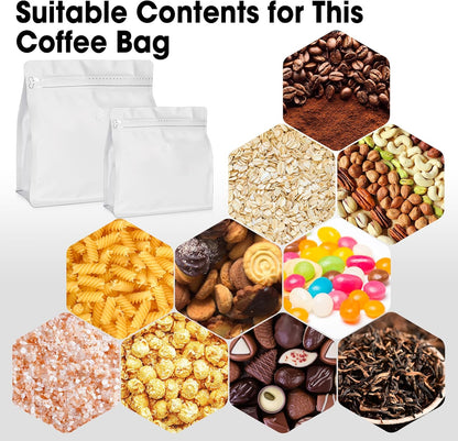 50 Count 8oz Coffee Bags with Valve,1/2 lb Vented Coffee Beans Packaging Bags High Barrier Aluminumed Foil Flat Bottom Heat Sealed Side Zipper Resealable Storage Bag for Home or Business（White）