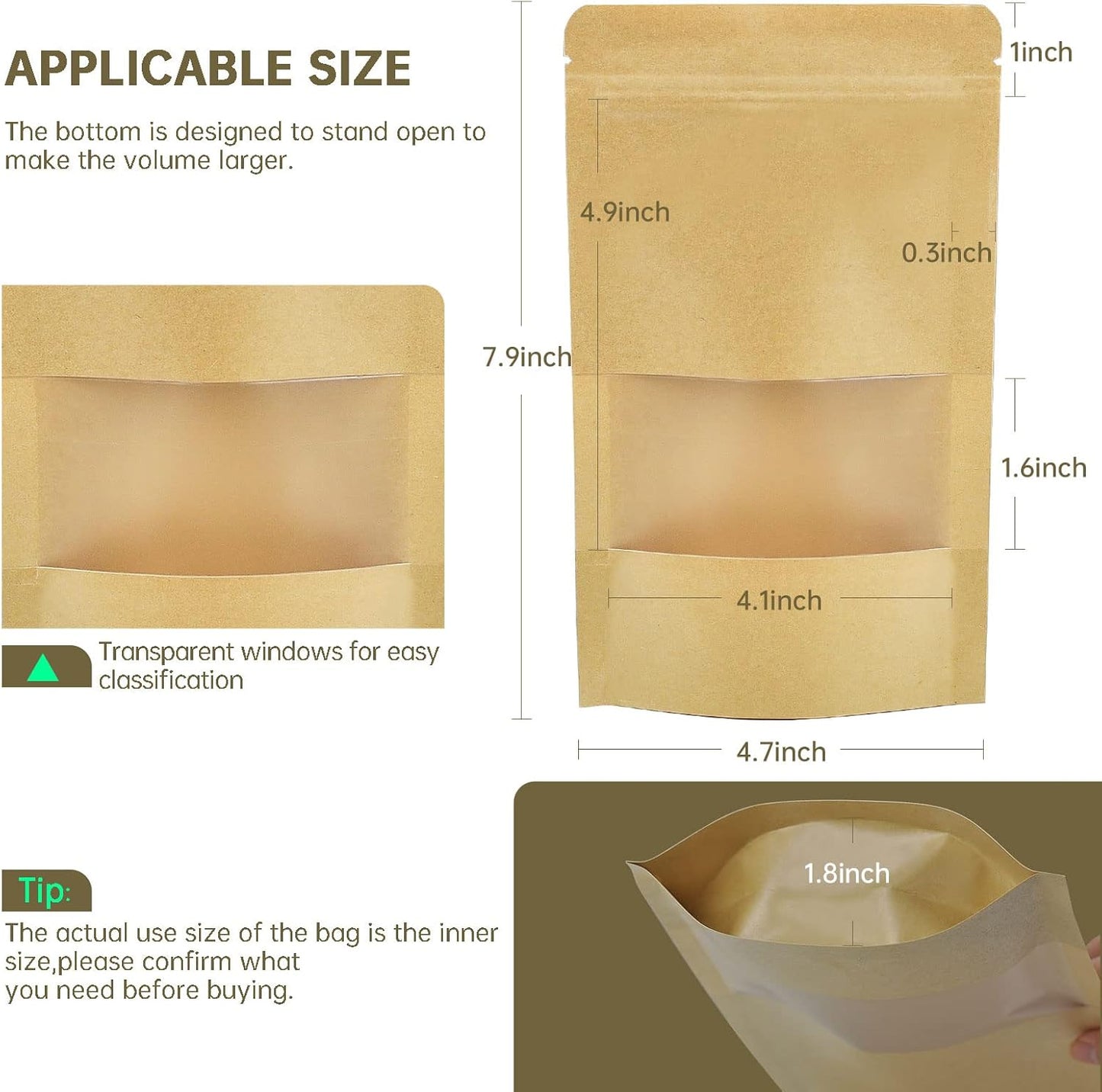 120pcs 4.7"x7.8" Kraft Bags with Window Zipper Lock Stand Up Bulk Pouches Resealable Bags, Smell Proof Mylar Bags for Food Storage, Stand-up Resealable Food Storage Bags with Clear Window