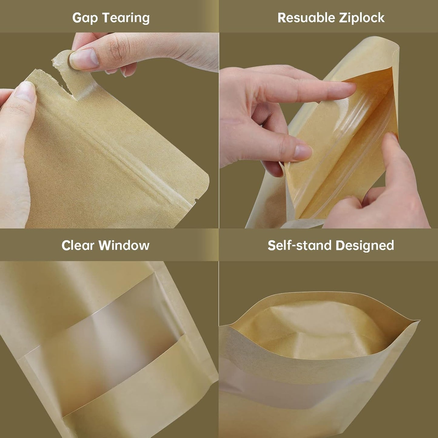120pcs 4.7"x7.8" Kraft Bags with Window Zipper Lock Stand Up Bulk Pouches Resealable Bags, Smell Proof Mylar Bags for Food Storage, Stand-up Resealable Food Storage Bags with Clear Window