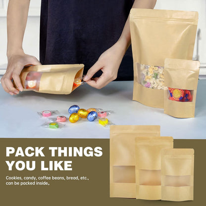 120pcs 4.7"x7.8" Kraft Bags with Window Zipper Lock Stand Up Bulk Pouches Resealable Bags, Smell Proof Mylar Bags for Food Storage, Stand-up Resealable Food Storage Bags with Clear Window