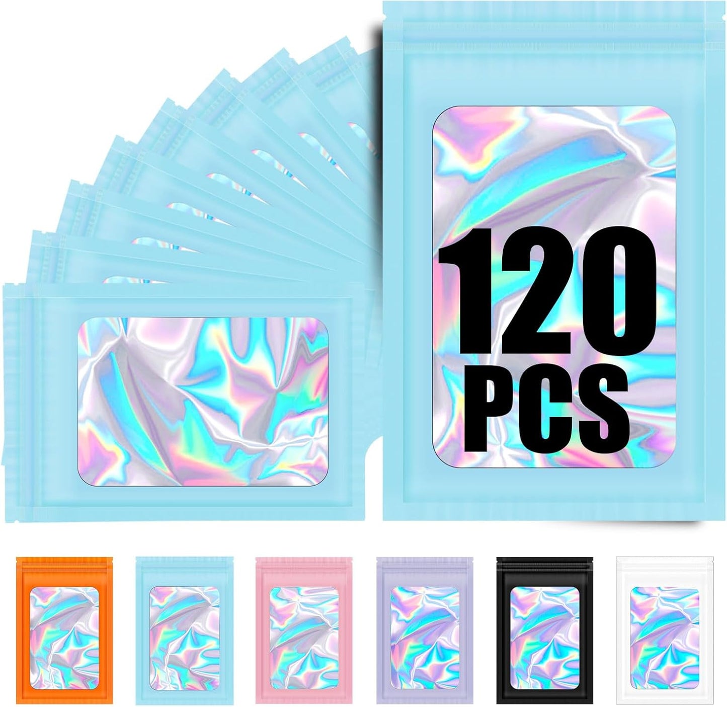 120PCS Smell Proof Mylar Bags,5.5"x7.8" Resealable Bag for Small Business,Holographic Packaging Bags with Clear Window,Foil Pouch Sample Snack Candy Jewelry Bag for Party Favors(Blue)