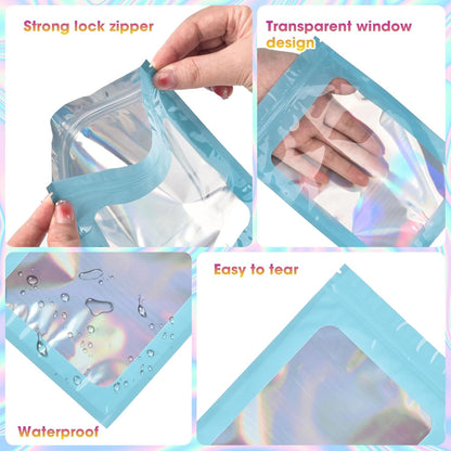 120PCS Smell Proof Mylar Bags,5.5"x7.8" Resealable Bag for Small Business,Holographic Packaging Bags with Clear Window,Foil Pouch Sample Snack Candy Jewelry Bag for Party Favors(Blue)