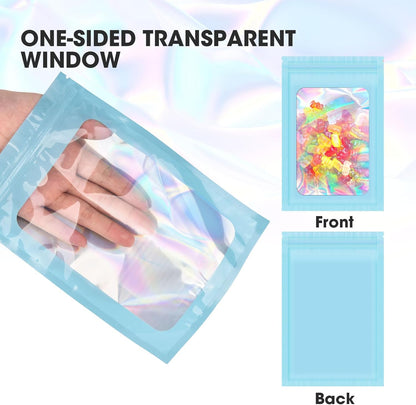 120PCS Smell Proof Mylar Bags,5.5"x7.8" Resealable Bag for Small Business,Holographic Packaging Bags with Clear Window,Foil Pouch Sample Snack Candy Jewelry Bag for Party Favors(Blue)