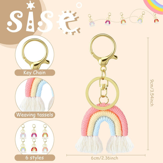 Landhoow 6 Pcs Boho Rainbow Keychains Bulk Women Macrame Rainbow Key Chains Mini Tassel Keychains Car Keyrings Holder(Pastel Color).