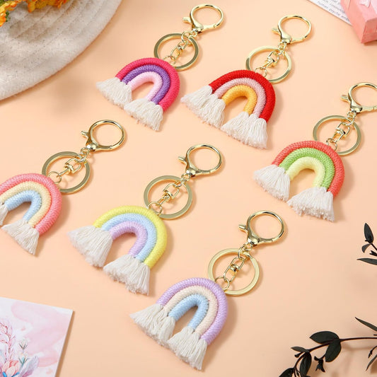 Landhoow 6 Pcs Boho Rainbow Keychains Bulk Women Macrame Rainbow Key Chains Mini Tassel Keychains Car Keyrings Holder(Pastel Color).