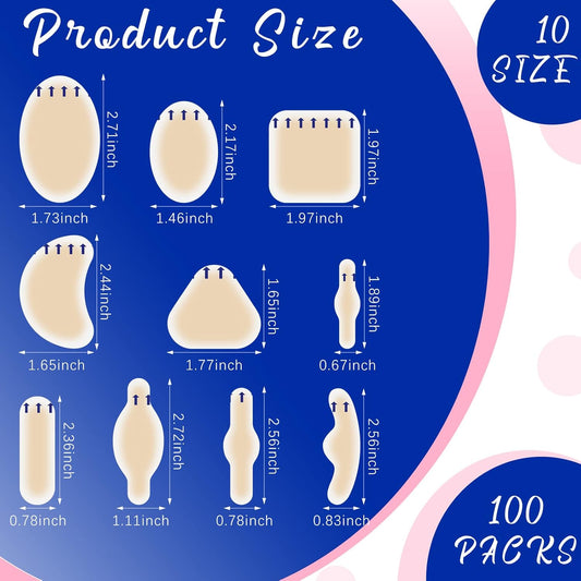 100 Pcs Blister Bandages Pads Gel Hydrocolloid Bandages Waterproof Adhesive Blister Prevention for Feet Heel Fingers Toes Forefoot Blister,10 Size.