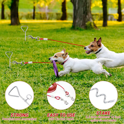Amylove 2 Set Dog Tie Out Cable and Stake - 30ft Leash Chain, 16" Spiral Stake for Outside Yard - Medium to Large Dogs up to 125 Lbs (Red)