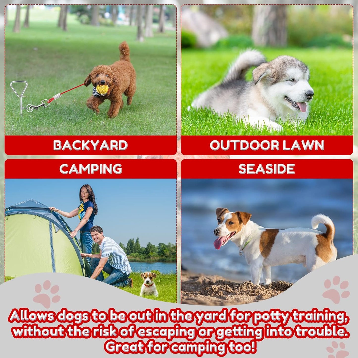 Amylove 2 Set Dog Tie Out Cable and Stake - 30ft Leash Chain, 16" Spiral Stake for Outside Yard - Medium to Large Dogs up to 125 Lbs (Red)
