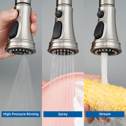 Kitchen Faucet Head Replacement, NSF/ANSI/CAN 61 & CUPC Certified, 3 Function Pull Down Faucet Spray Nozzle-15 Adapters Compatible with Moen, American Standard, Delta, Kohler - Brushed Nickel