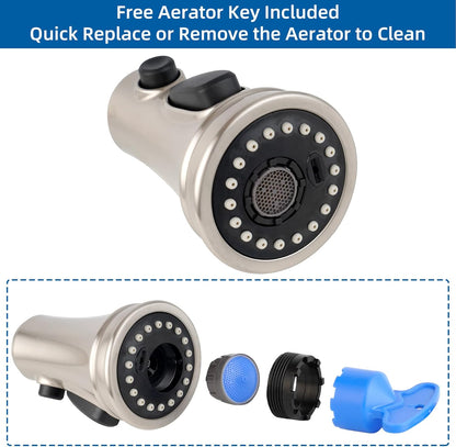Kitchen Faucet Head Replacement, NSF/ANSI/CAN 61 & CUPC Certified, 3 Function Pull Down Faucet Spray Nozzle-15 Adapters Compatible with Moen, American Standard, Delta, Kohler - Brushed Nickel