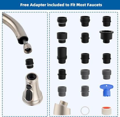Kitchen Faucet Head Replacement, NSF/ANSI/CAN 61 & CUPC Certified, 3 Function Pull Down Faucet Spray Nozzle-15 Adapters Compatible with Moen, American Standard, Delta, Kohler - Brushed Nickel