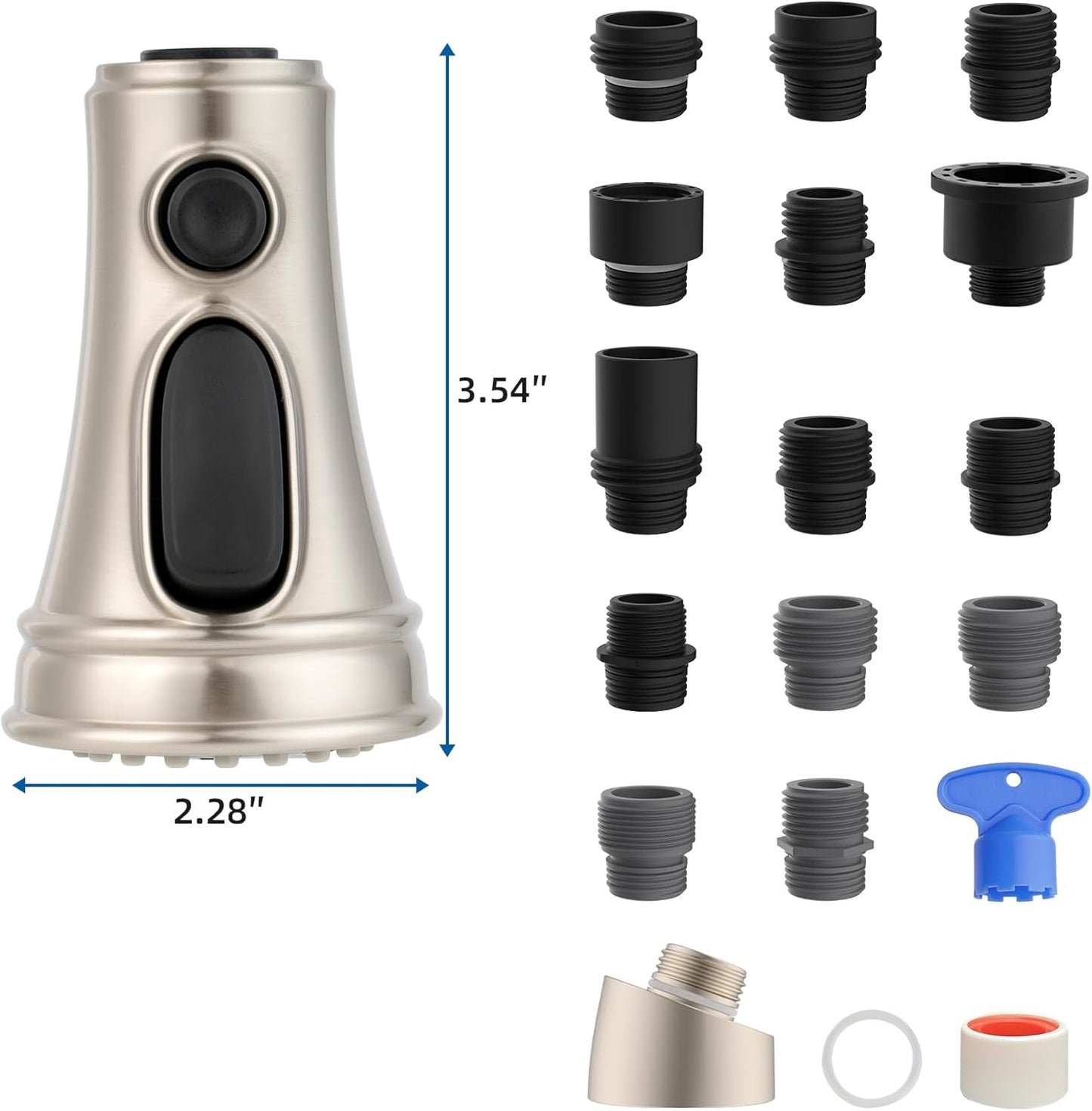 Kitchen Faucet Head Replacement, NSF/ANSI/CAN 61 & CUPC Certified, 3 Function Pull Down Faucet Spray Nozzle-15 Adapters Compatible with Moen, American Standard, Delta, Kohler - Brushed Nickel