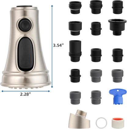 Kitchen Faucet Head Replacement, NSF/ANSI/CAN 61 & CUPC Certified, 3 Function Pull Down Faucet Spray Nozzle-15 Adapters Compatible with Moen, American Standard, Delta, Kohler - Brushed Nickel