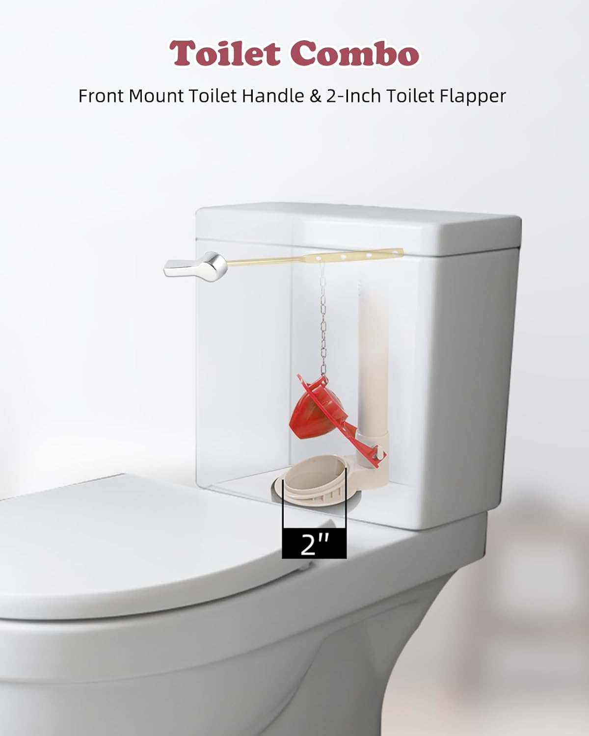 Universal Front Mount Toilet Handle Replacement Kit with 2-inch Universal Toilet Flapper, Stainless Steel Flapper Chains, Chrome Finish Toilet Trip Lever and Red Toilet Flapper Replacement Kit