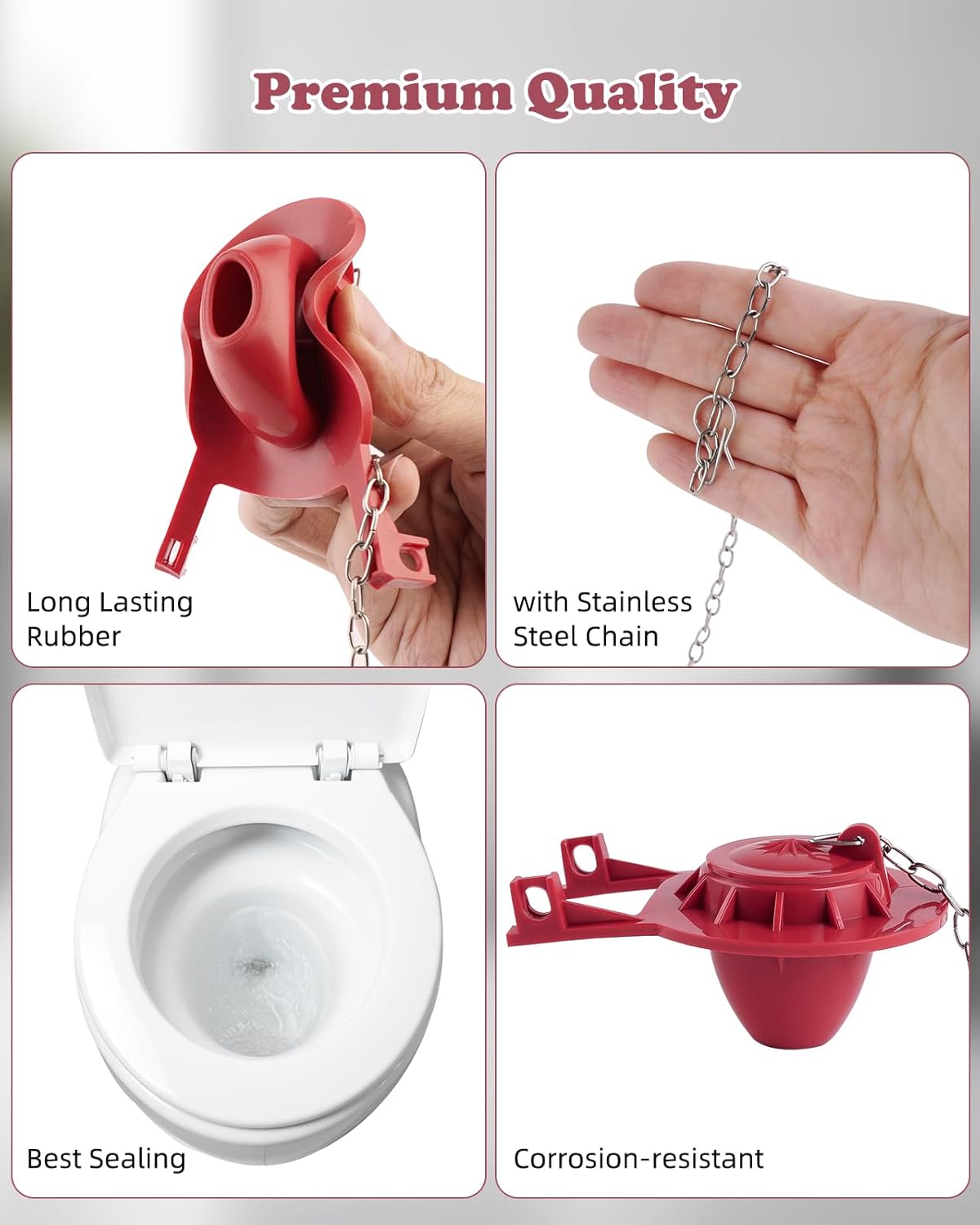 Universal Front Mount Toilet Handle Replacement Kit with 2-inch Universal Toilet Flapper, Stainless Steel Flapper Chains, Chrome Finish Toilet Trip Lever and Red Toilet Flapper Replacement Kit