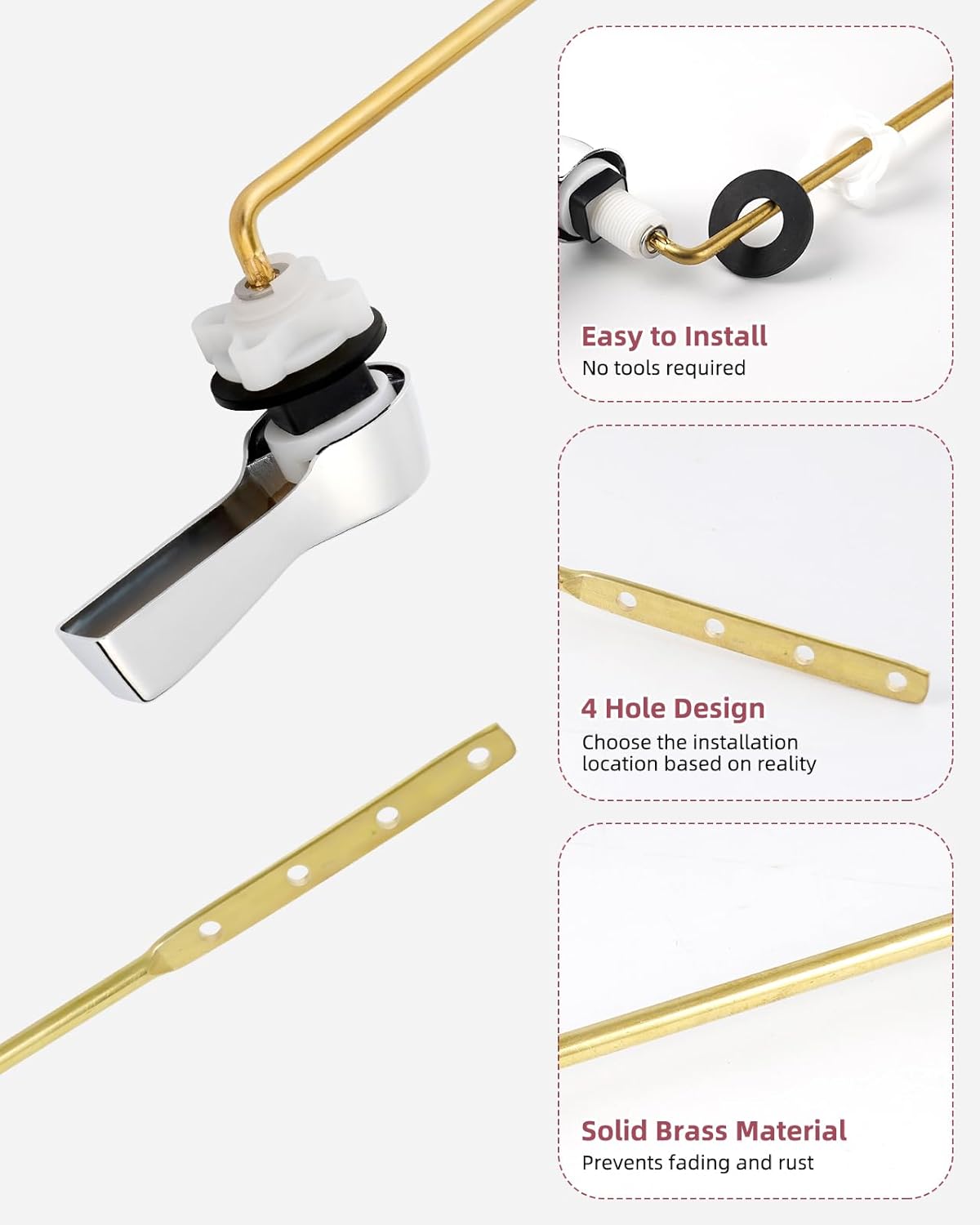 Universal Front Mount Toilet Handle Replacement Kit with 2-inch Universal Toilet Flapper, Stainless Steel Flapper Chains, Chrome Finish Toilet Trip Lever and Red Toilet Flapper Replacement Kit