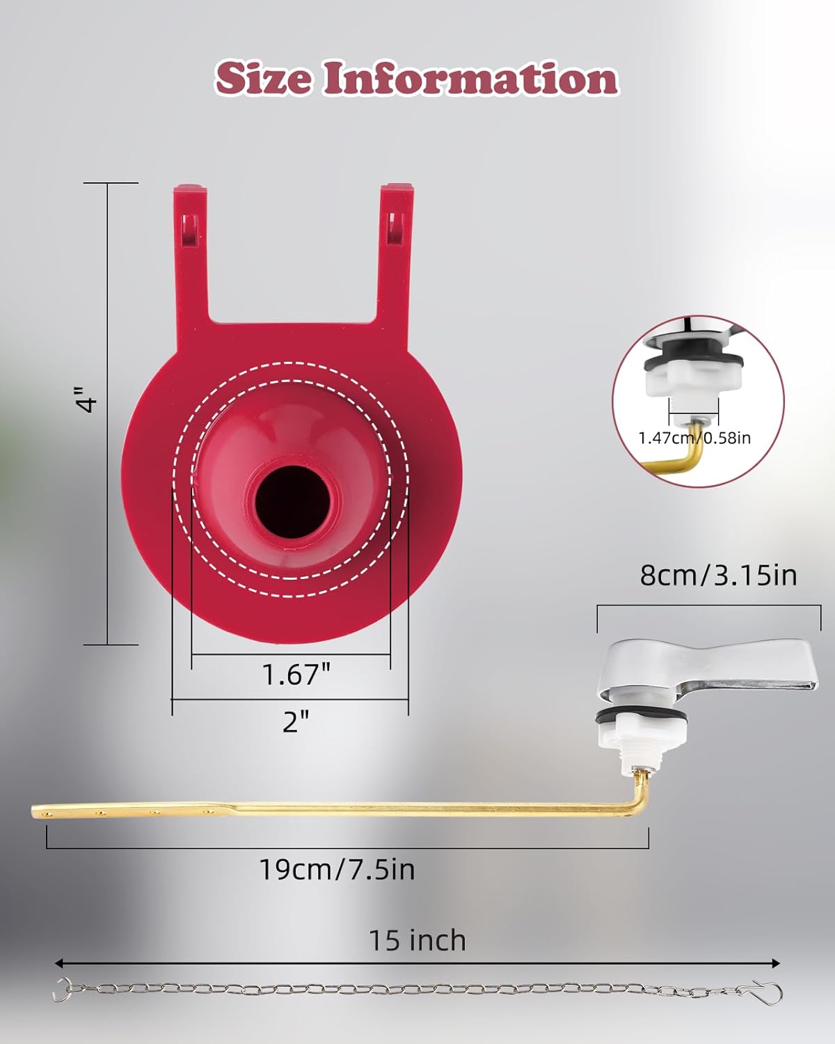 Universal Front Mount Toilet Handle Replacement Kit with 2-inch Universal Toilet Flapper, Stainless Steel Flapper Chains, Chrome Finish Toilet Trip Lever and Red Toilet Flapper Replacement Kit