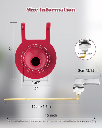 Universal Front Mount Toilet Handle Replacement Kit with 2-inch Universal Toilet Flapper, Stainless Steel Flapper Chains, Chrome Finish Toilet Trip Lever and Red Toilet Flapper Replacement Kit