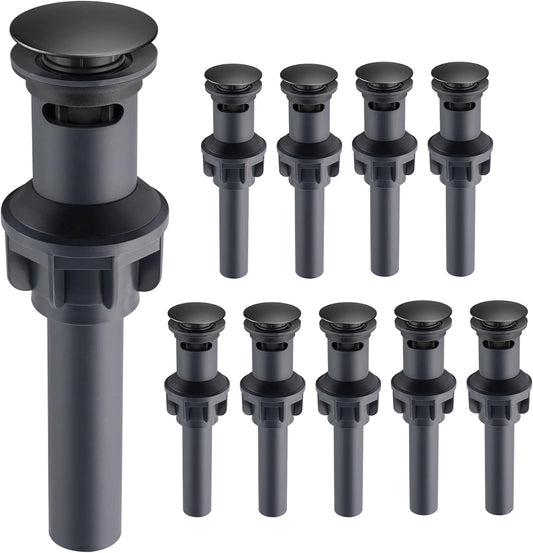 10 Pack Universal Bathroom Sink Drain Stopper, Pop Up Drain Strainer with Overflow, Push and Seal Sink Plug with Basket for Lavatory Vanity Vessel, Anti-Clogging Strainer, Matte Black