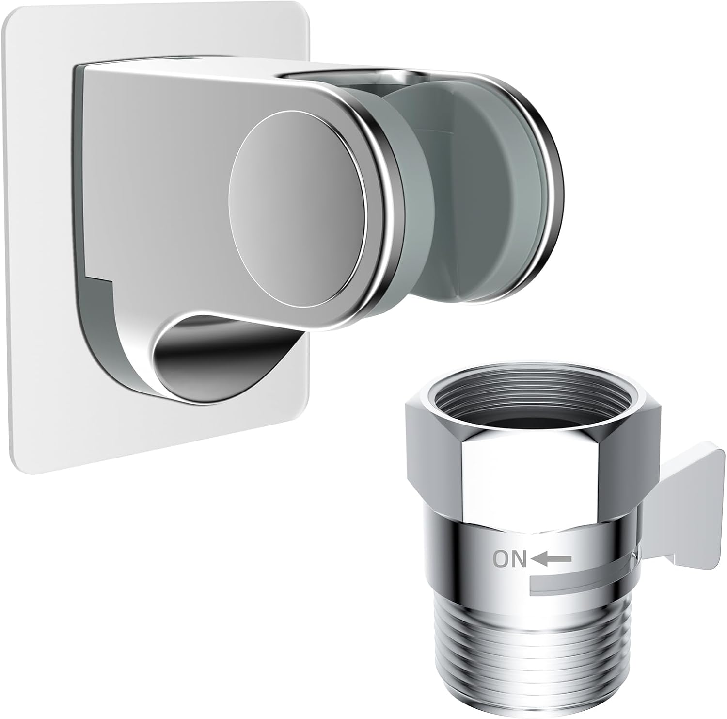 All Metal Shower Head Flow Control Valve with Showerhead Holder, G1/2 Brass Shut-off Valve with Metal Handle Lever, Strong Adhesive and Waterproof Handheld Holder and Bracket, Chrome