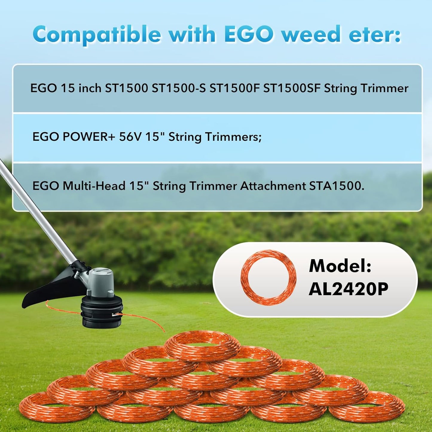 15 Pack AL2420P Replacement Twisted Trimmer Line Compatible with All 15" EGO 56-Volt String Trimmers Weed Eater, Pre-Cut 0.095" 210Ft Weed Wacker String line for EGO Trimmers String