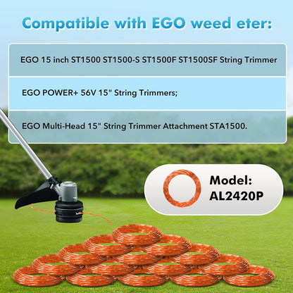 15 Pack AL2420P Replacement Twisted Trimmer Line Compatible with All 15" EGO 56-Volt String Trimmers Weed Eater, Pre-Cut 0.095" 210Ft Weed Wacker String line for EGO Trimmers String