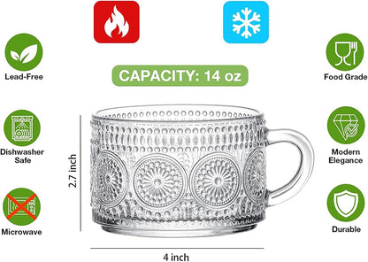 Vintage Coffee Mugs Set of 2, 14 oz Embossed Glass Cups with Handle, Clear Cups for Cappuccino, Latte, Cereal, Yogurt, Milk, Hot or Cold Beverages