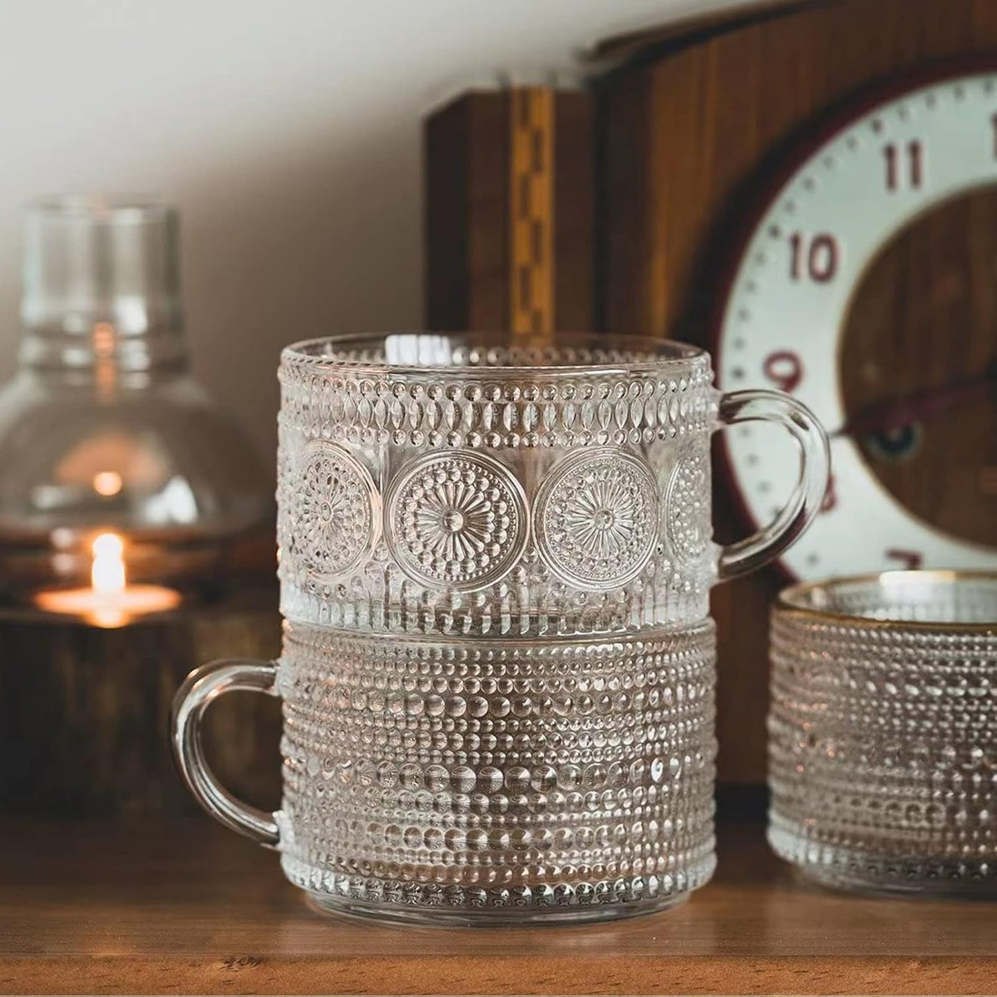 Vintage Coffee Mugs Set of 2, 14 oz Embossed Glass Cups with Handle, Clear Cups for Cappuccino, Latte, Cereal, Yogurt, Milk, Hot or Cold Beverages