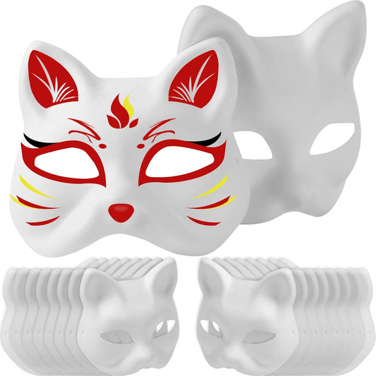 16-Pack Blank Cat Paper Mache Mask & 5-Pack Colored Faux Fur Strips for Cosplay, Halloween Decorations, Craft DIY Projects